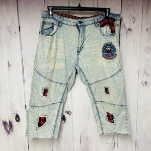 Vintage Sacred Crown Blue Denim Painted Patch Distressed Jeans Size 38 Cut Off